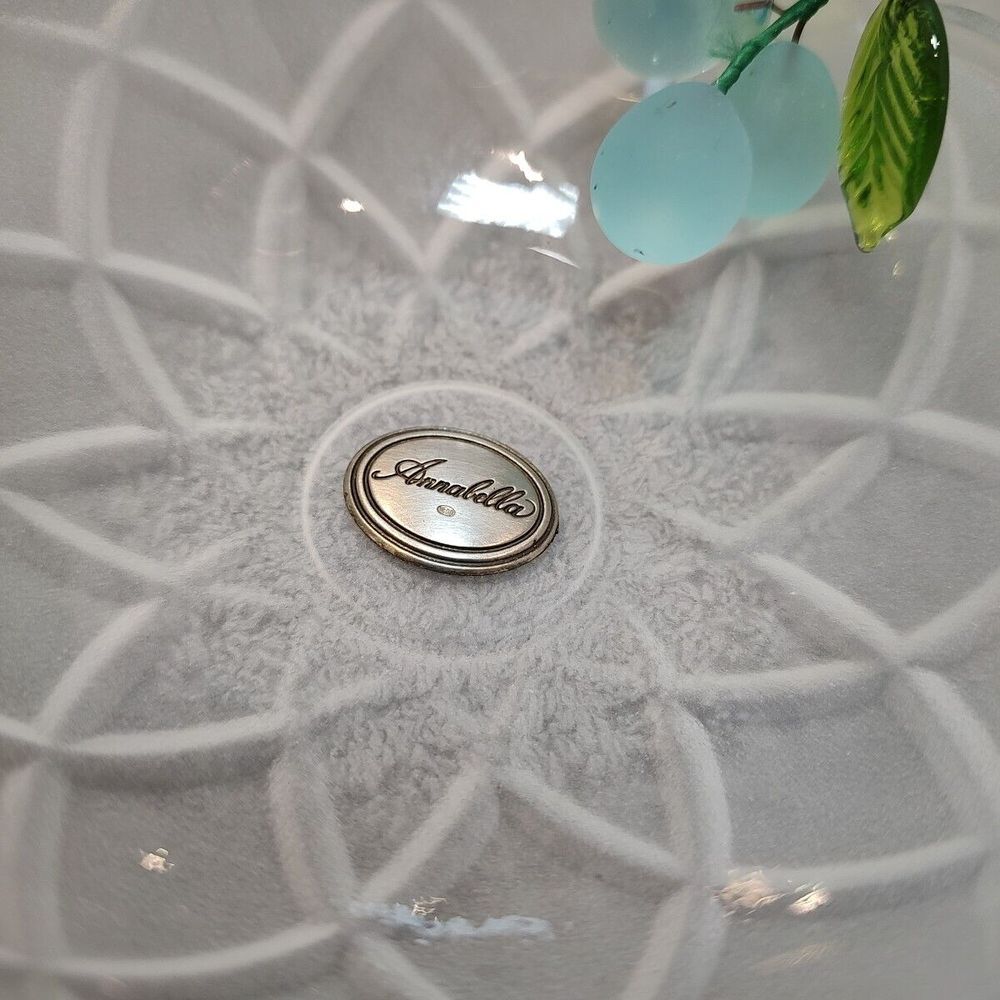 Annabella Frosted Trinket Bowl Glass Fruit Green Glass Leaves Pewter Name tag - Picture 3 of 8